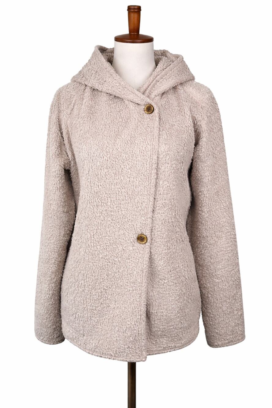 Patagonia Women's Sherpa Fleece Hooded Jacket L Beige Button Front Coat